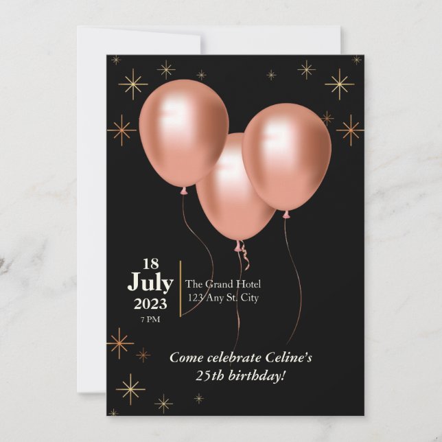 Birthday invitation-black with rose gold balloons  invitation (Front)