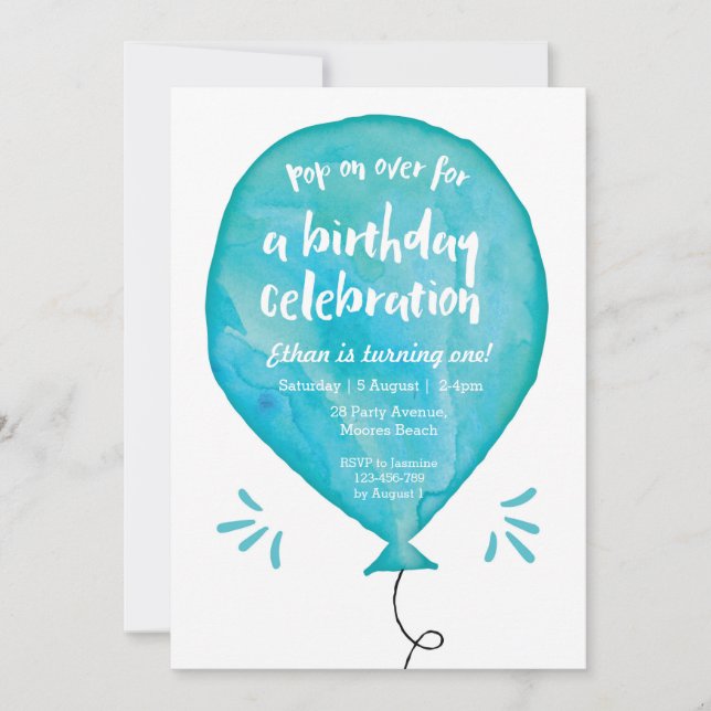 Birthday Invitation | Blue Watercolour Balloon (Front)