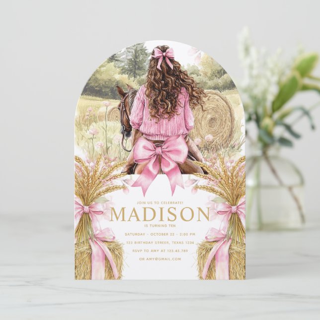 Birthday Invitation Brunette Girl Riding Horse (Standing Front)