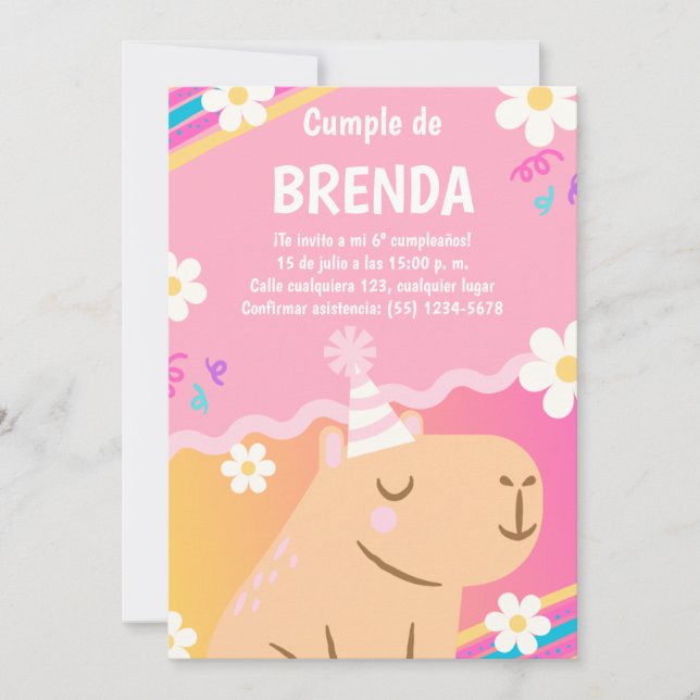 Birthday Invitation Capibara de Niña Rosa (Front)