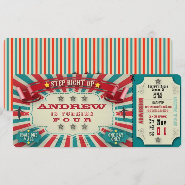 Birthday Invitation Circus Ticket - personalise (Front/Back)