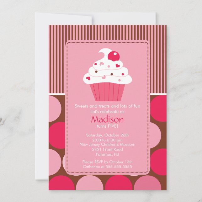 Birthday Invitation Cute Cherry Cupcake Pink Brown (Front)