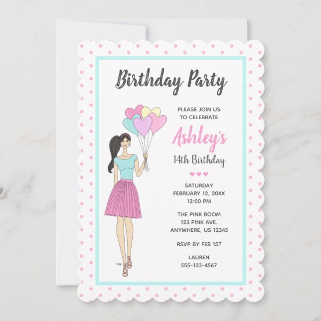 Birthday Invitation Fashion Girl Holding Balloons (Front)