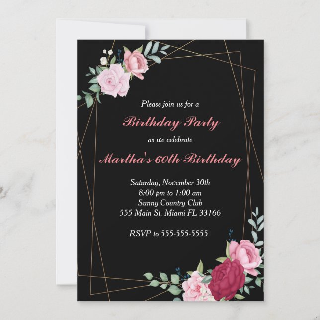 Birthday invitation floral roses black gold (Front)