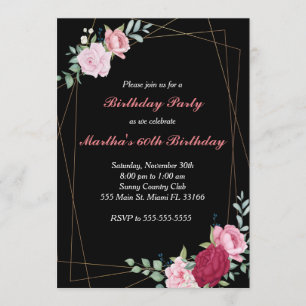 Birthday invitation floral roses black gold