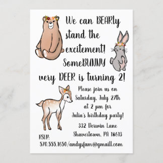Birthday invitation - flowers, bear, bunny, deer