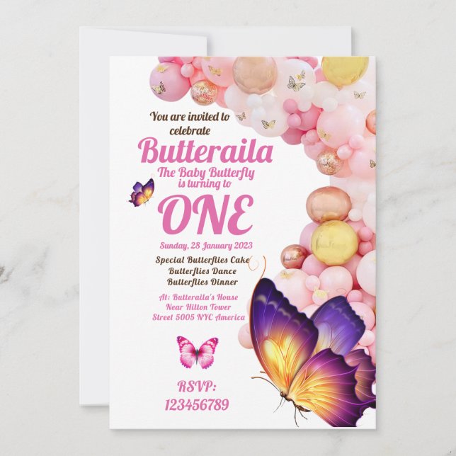 Birthday Invitation Flyer Butterfly Baby Pink (Front)