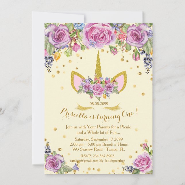 Birthday invitation girl,unicorn,flowers,Ivory (Front)