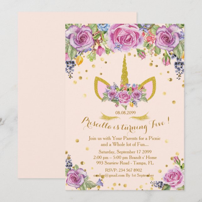 Birthday invitation girl,unicorn,flowers,pink (Front/Back)