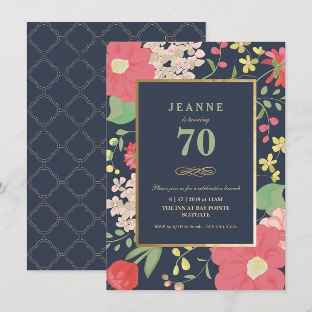 Birthday Invitation - Gold, Elegant Floral (Front/Back)