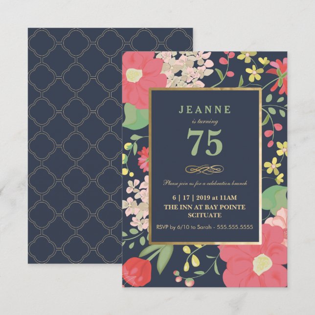 Birthday Invitation - Gold, Elegant Floral (Front/Back)