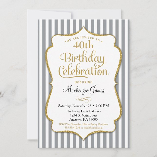 Birthday Invitation Grey Gold Adult Stripes (Front)