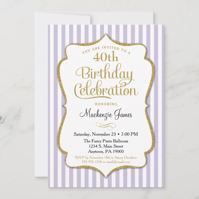 Birthday Invitation Lavender Lilac Gold Adult Teen (Front)