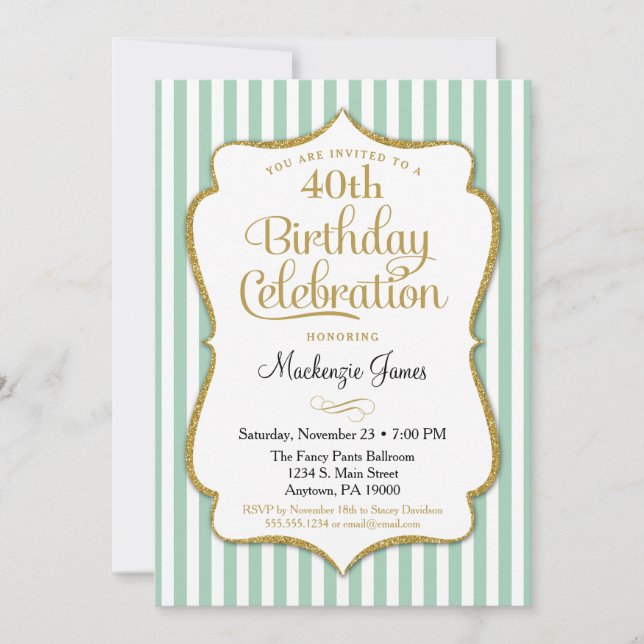 Birthday Invitation Mint Green Gold Adult Teen (Front)