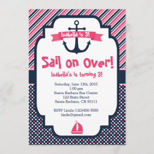 Birthday Invitation Nautical Theme in Pink & Navy