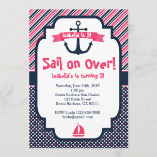 Birthday Invitation Nautical Theme in Pink & Navy