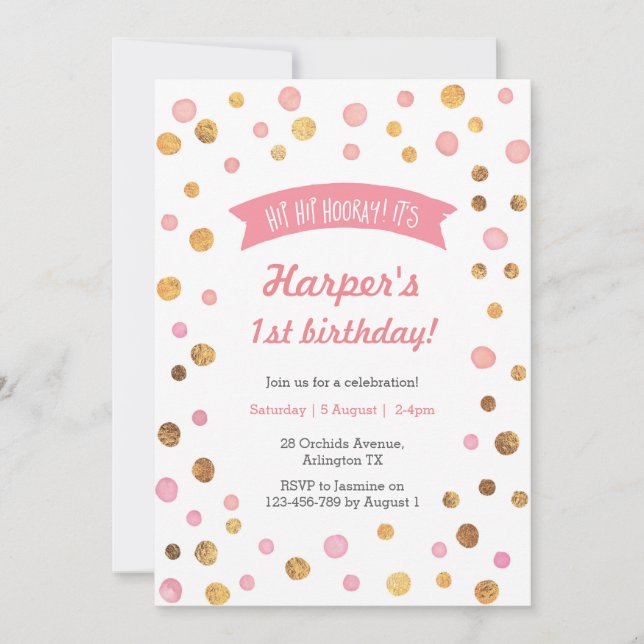 Birthday Invitation | Pink and gold confetti spots (Front)