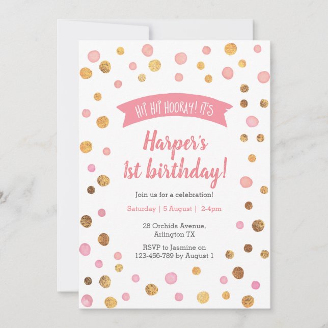 Birthday Invitation | Pink and gold confetti spots (Front)