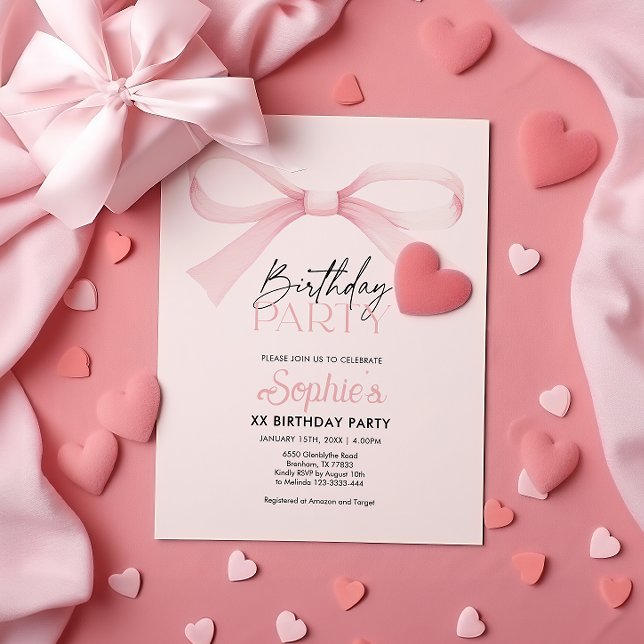 Birthday Invitation, Pink Coquette Bow Birthday  Invitation (Creator Uploaded)