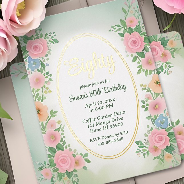 Birthday Invitation Pink Spring Watercolor Floral (Spring garden watercolor floral 80th birthday party invitation in pink & green with fancy gold foil)