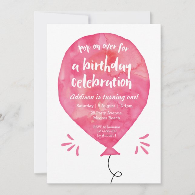 Birthday Invitation | Pink Watercolour Balloon (Front)