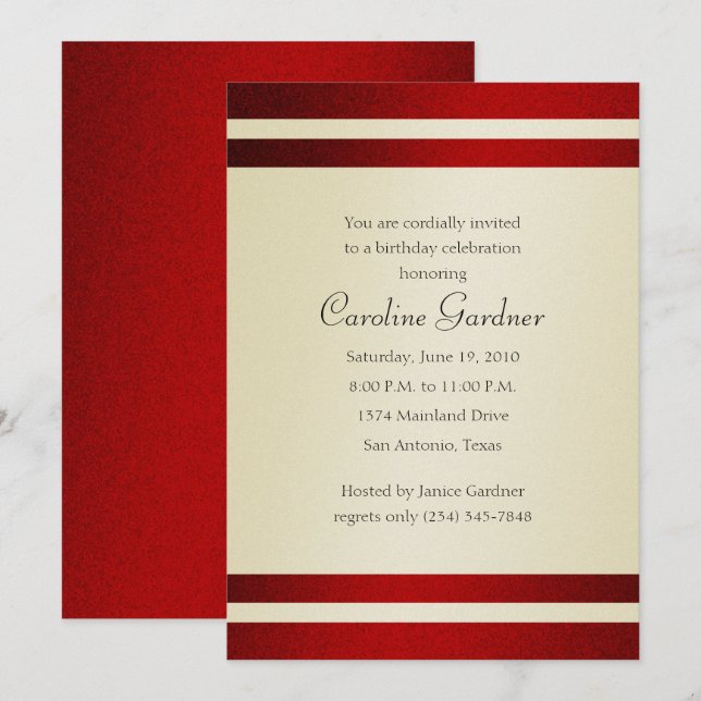 Birthday Invitation Red and Ivory (Front/Back)