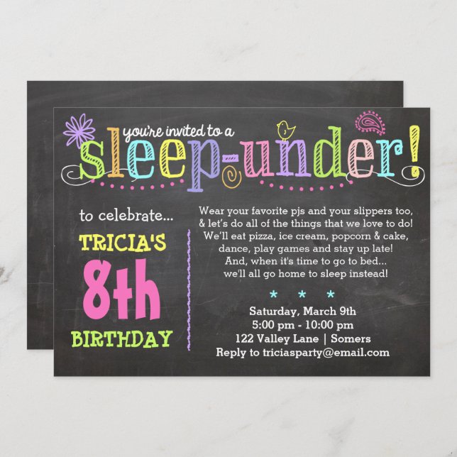 Birthday Invitation Sleep-Under Party, Neon (Front/Back)