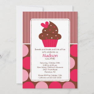 Birthday Invitation Sweet Heart Cupcake Pink Brown