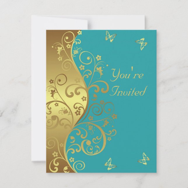 Birthday Invitation--Teal & Gold Swirls Invitation (Front)