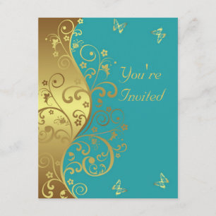 Birthday Invitation--Teal & Gold Swirls Invitation