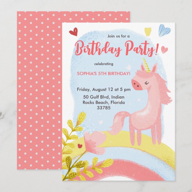 Birthday Invitation with a pink unicorn (Front/Back)