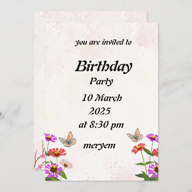  birthday invitation with Floral with butterflies  (Front/Back)
