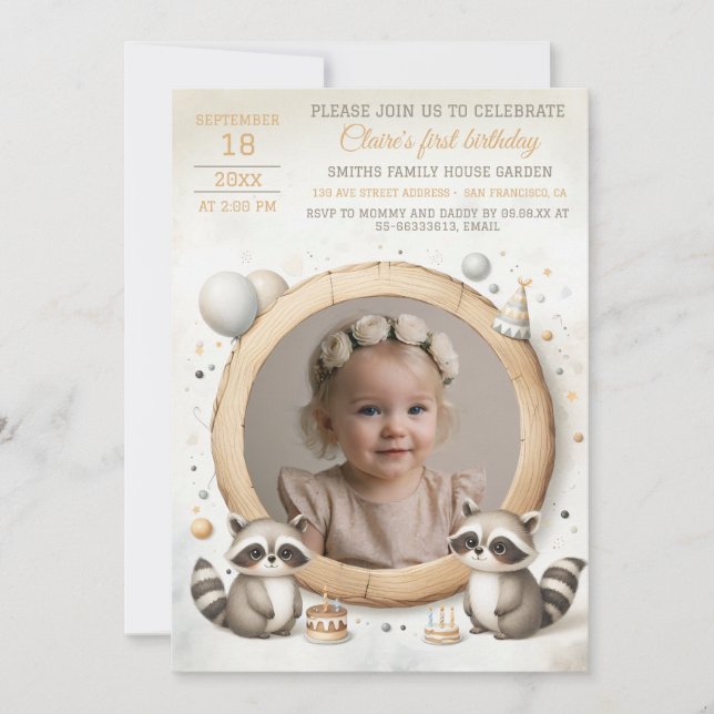 Birthday Invitation with Racoon Frame for Photo (Front)