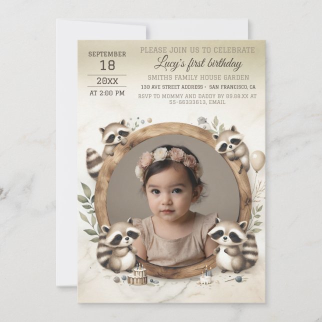 Birthday Invitation with Racoon Frame for Photo (Front)