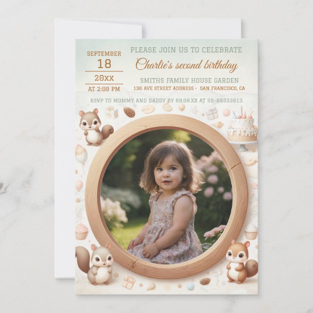 Birthday Invitation with Squirrel Frame for Photo (Front)