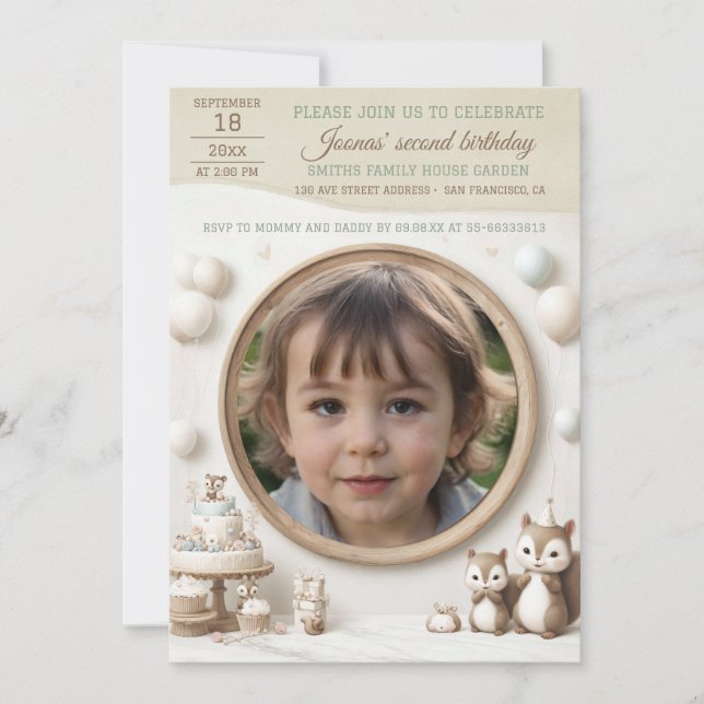 Birthday Invitation with Squirrel Frame for Photo (Front)