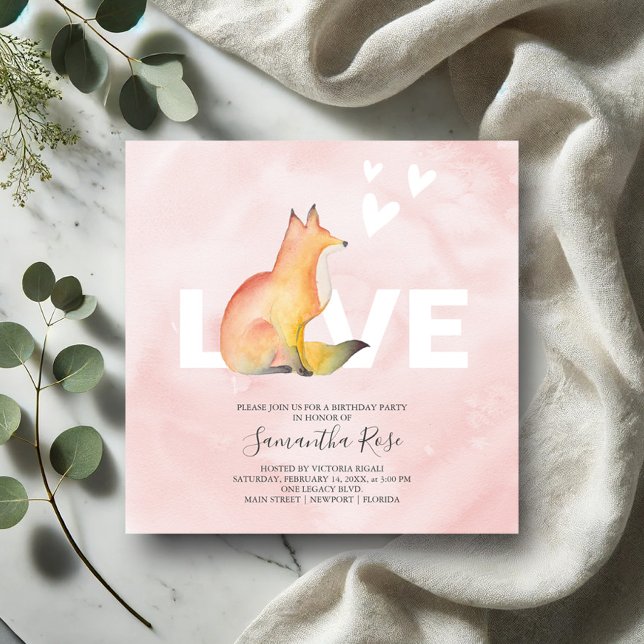 Birthday Invitations Cute Pink Woodland Fox (Birthday party invitations watercolor fox art by Victoria Grigaliunas of Do Tell A Belle)