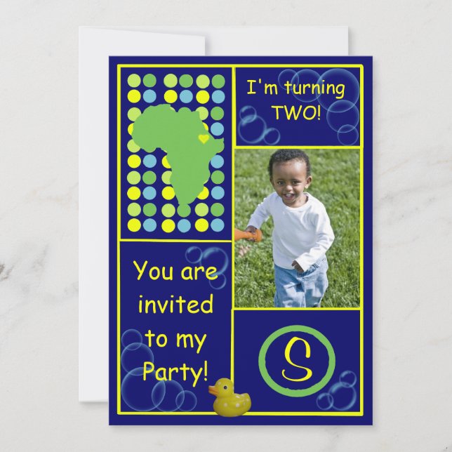 Birthday Invite - Dk. Blue/Yellow Bubbles,  Photo (Front)