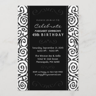 Birthday Invite - Elegant Black & White Swirl