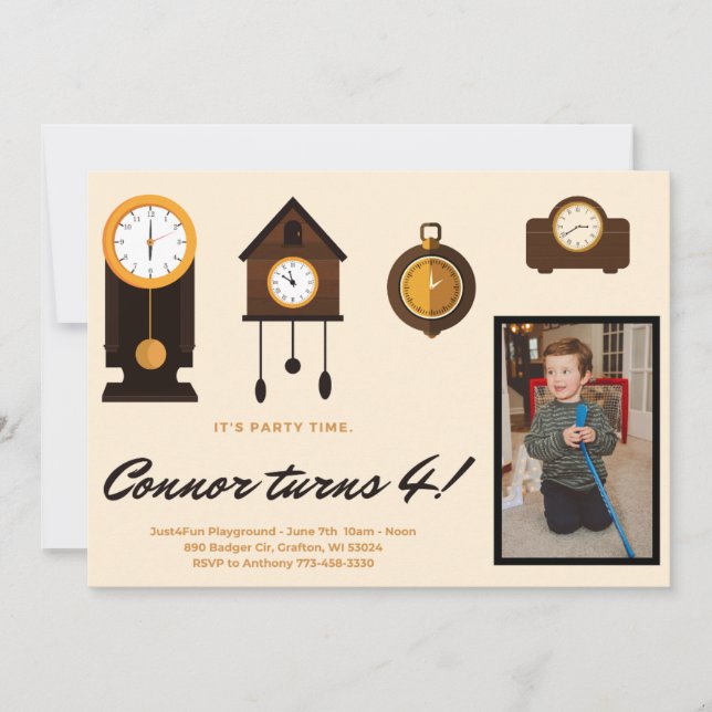 Birthday Invite- Kids Clocks; Hickory Dickory Dock Holiday Card (Front)