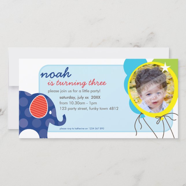 BIRTHDAY INVITE PHOTOCARD :: elephant + balloons 3 (Front)