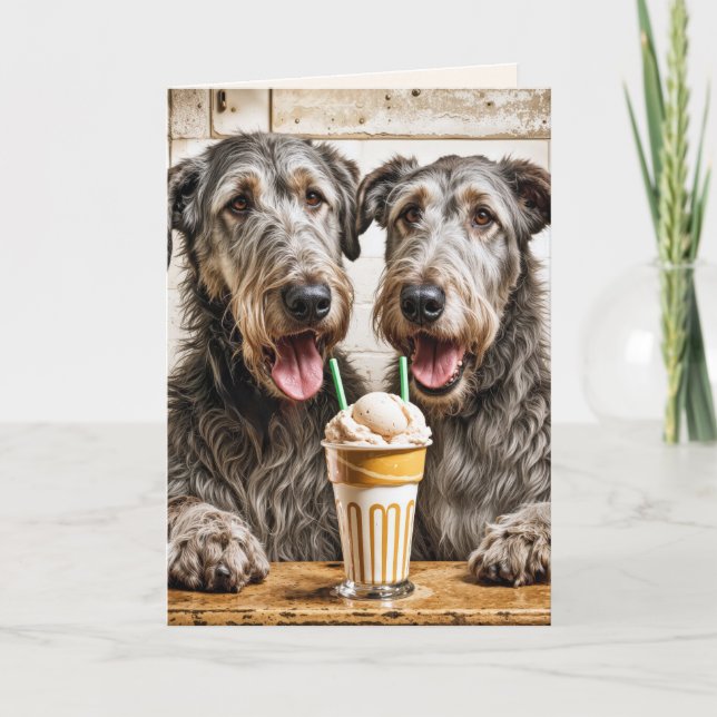 Birthday Irish Wolfhounds Sharing a Milkshake Card (Front)