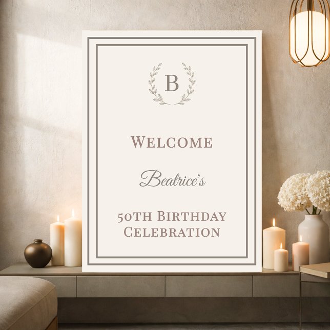 Birthday ivory taupe monogrammed elegant welcome poster (Creator Uploaded)
