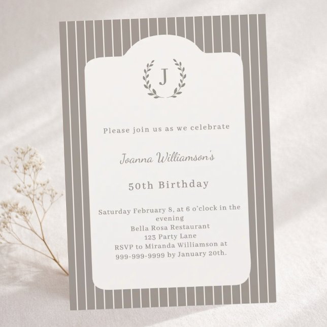 Birthday Ivory Taupe Neutral Pinstriped Monogram Invitation (Creator Uploaded)