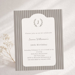 Birthday Ivory Taupe Pinstriped invitation