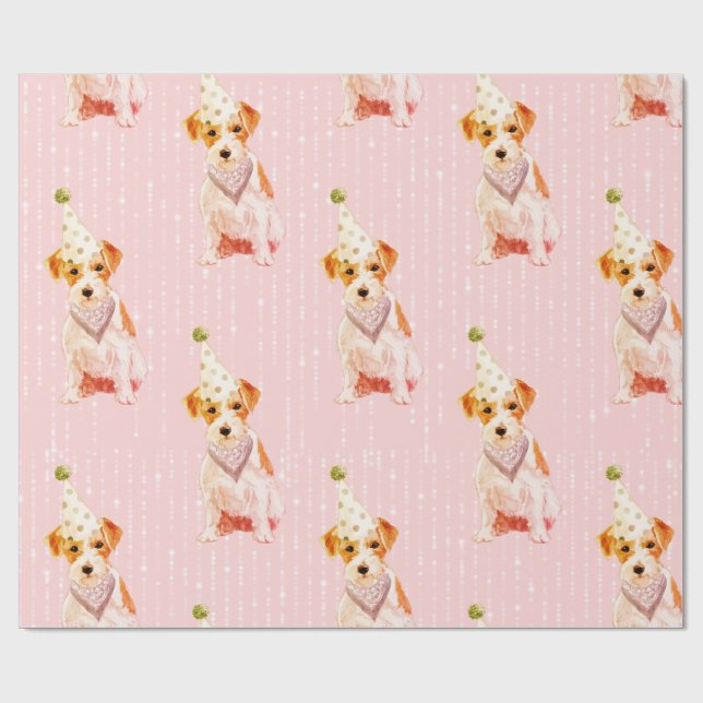 Birthday Jack Russell Dog Pink Party Hat Wrapping Paper (Flat)