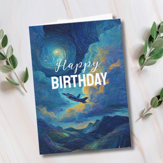 Birthday Jet Fighter Aeroplane Clouds Van Gogh  Card (Creator Uploaded)