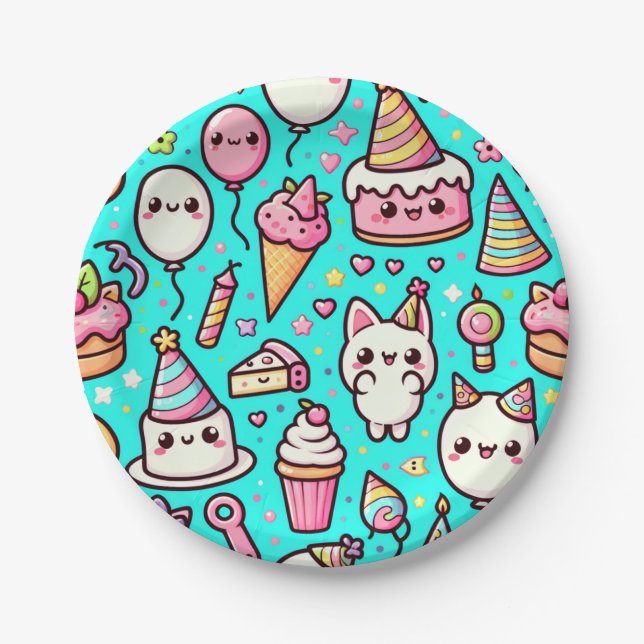Birthday Kawaii Pattern Paper Plate (Front)