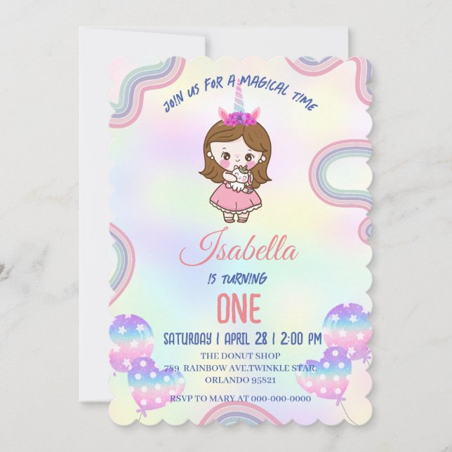 Birthday kawaii rainbow unicorn Party cute Girls Invitation (Front)