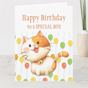 BIRTHDAY KIDS Orange Cat Kitten Colourful Balloons Card